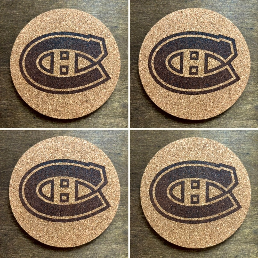 Montreal Canadiens Logo Laser Engraved Cork Coasters Lot of 4